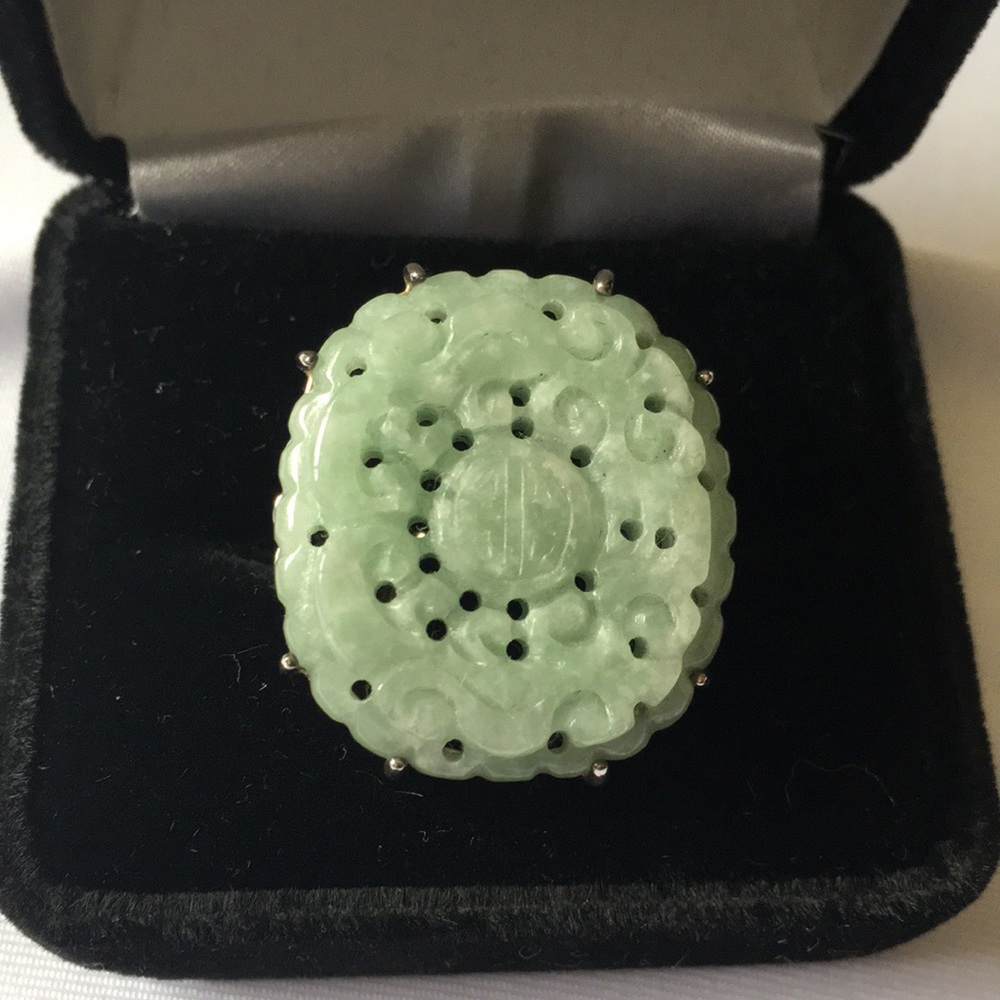 Vintage Carved Jade Sterling Silver Ring